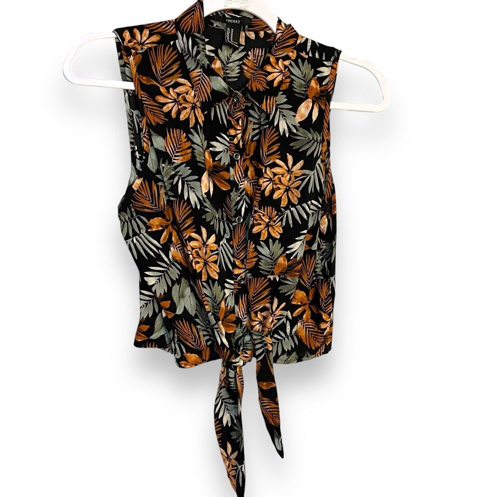 Forever 21 Tie Front Button Up Shirt Women's Medium Multicolor Leaf Floral Aloha